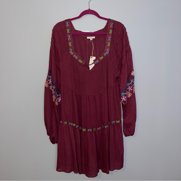 easel Dresses & Skirts - Easel Boho Burgundy Dress with Colorful Embroidery Large